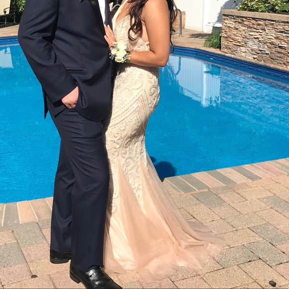 Mori Lee champagne mermaid beaded prom dress - Picture 2 of 8